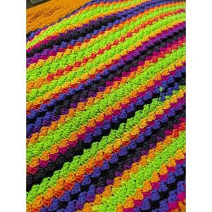 Vintage Hand Crocheted Neon Blanket/Throw ~36" x 36" Bright Colorful